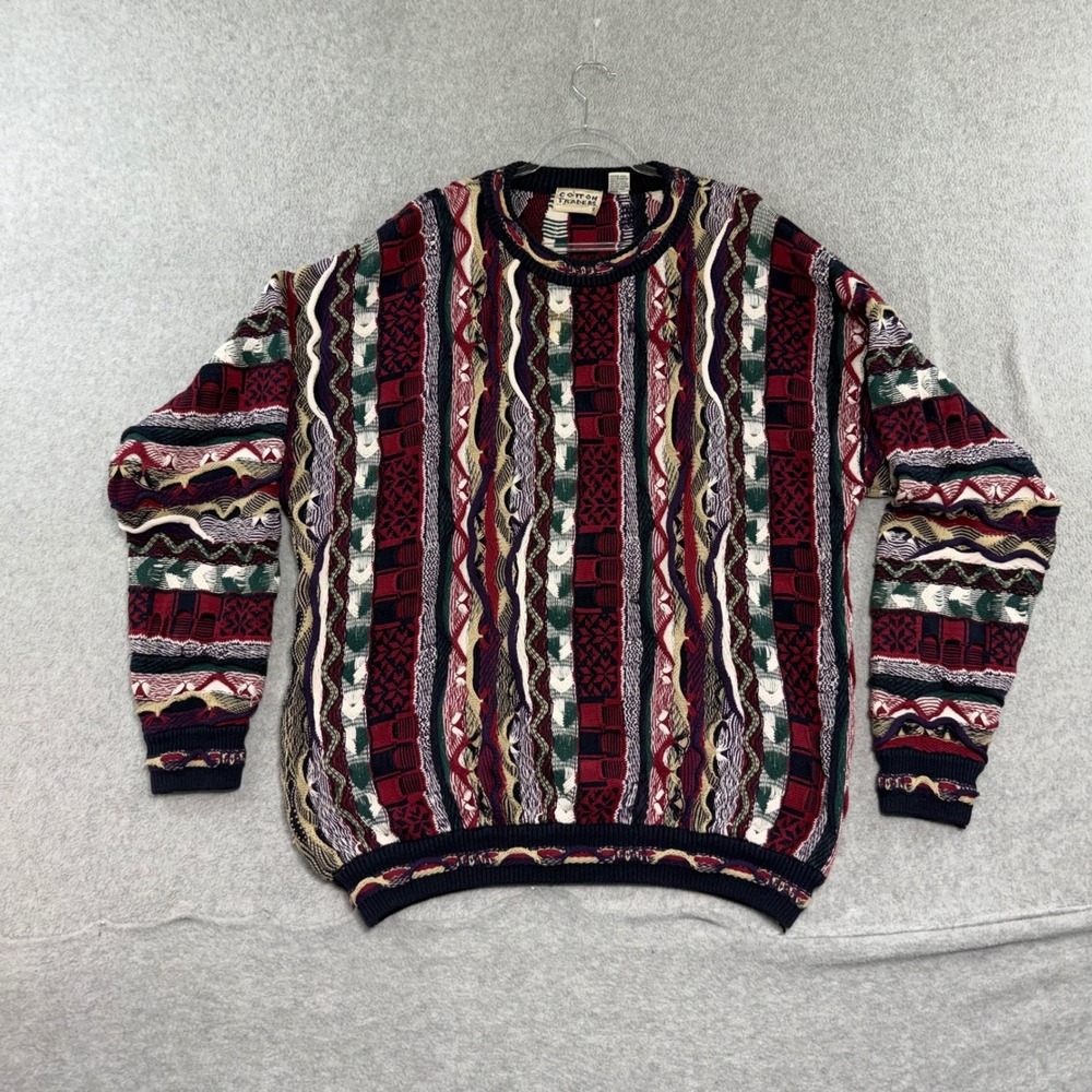Cotton Traders 3D Knit Sweater Mens XL/T Multi Color Vintage Coogi Style Cotton
